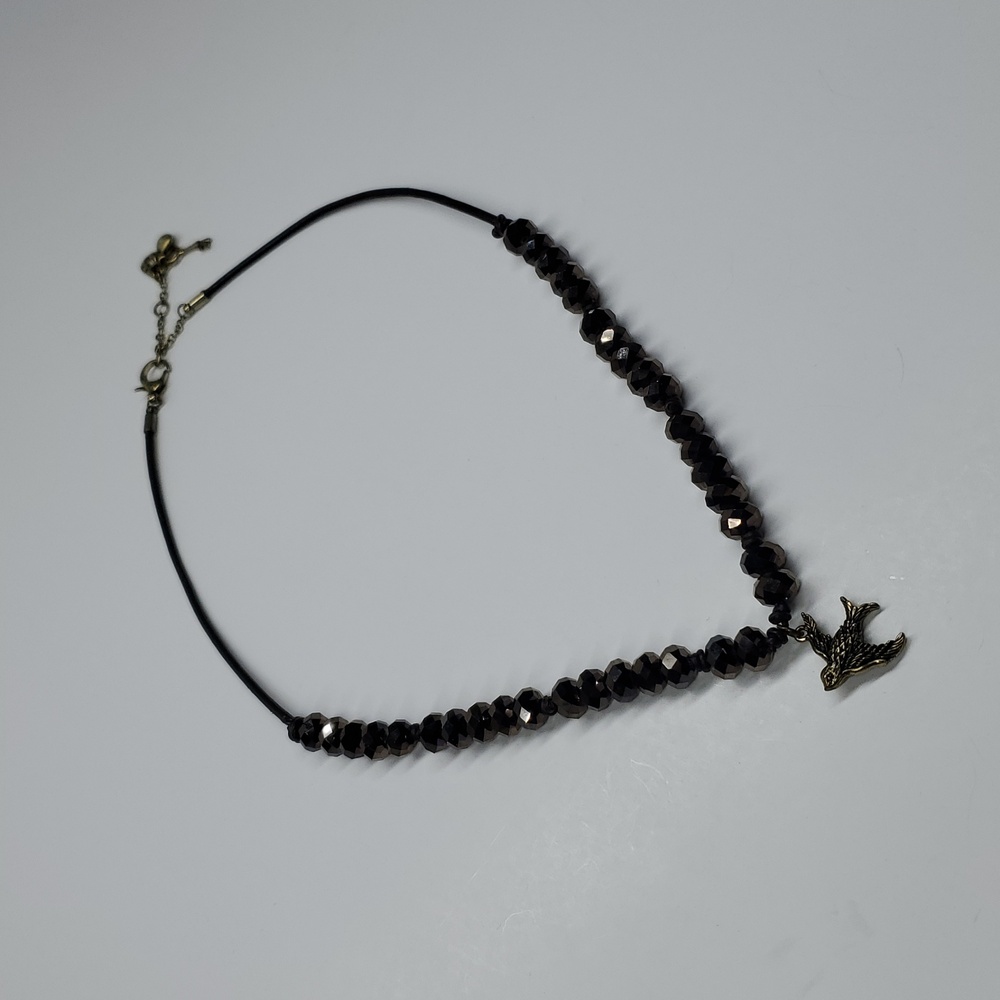 Fossil Brown Beaded Leather Strap Brass Tone Bird Charm Necklace